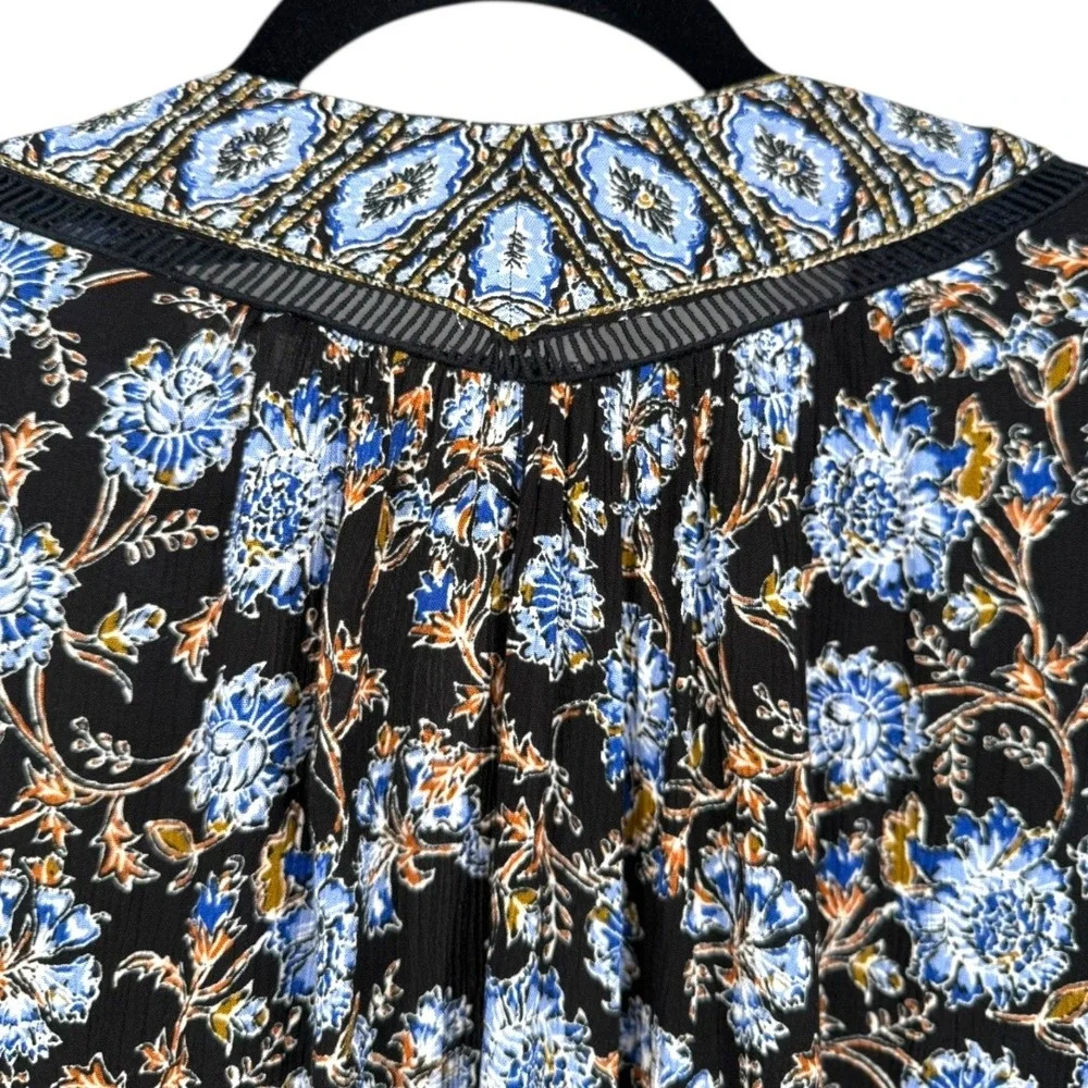 Free People Moonlight Dance‎ Floral Bell Sleeve Boho Tunic Top Blue Size Small